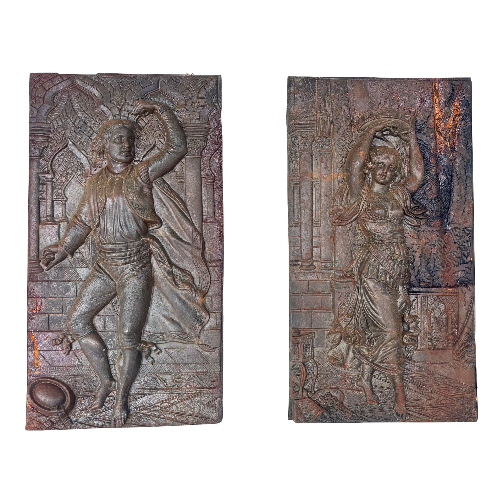 French 19th Century Louis XVI Patinated Bronze Plaques: Each plaque features finely detailed reliefs with classical motifs, capturing graceful figures and intricate ornamentation with exceptional craftsmanship. The rich patinated bronze finish adds depth