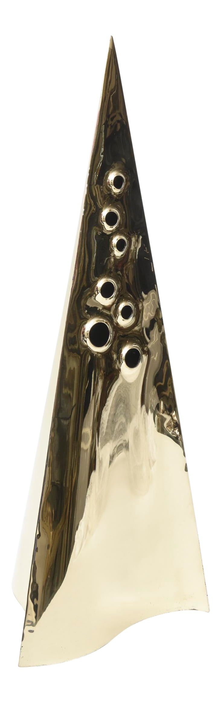 Vintage Pyramid Brass Triangle Sculpture With Random Holes: This fabulous vintage pyramid triangle rare brass tall sculpture has seven random purposeful holes that are different sizes, which gives a great dynamic. It is very well made and all professionally po