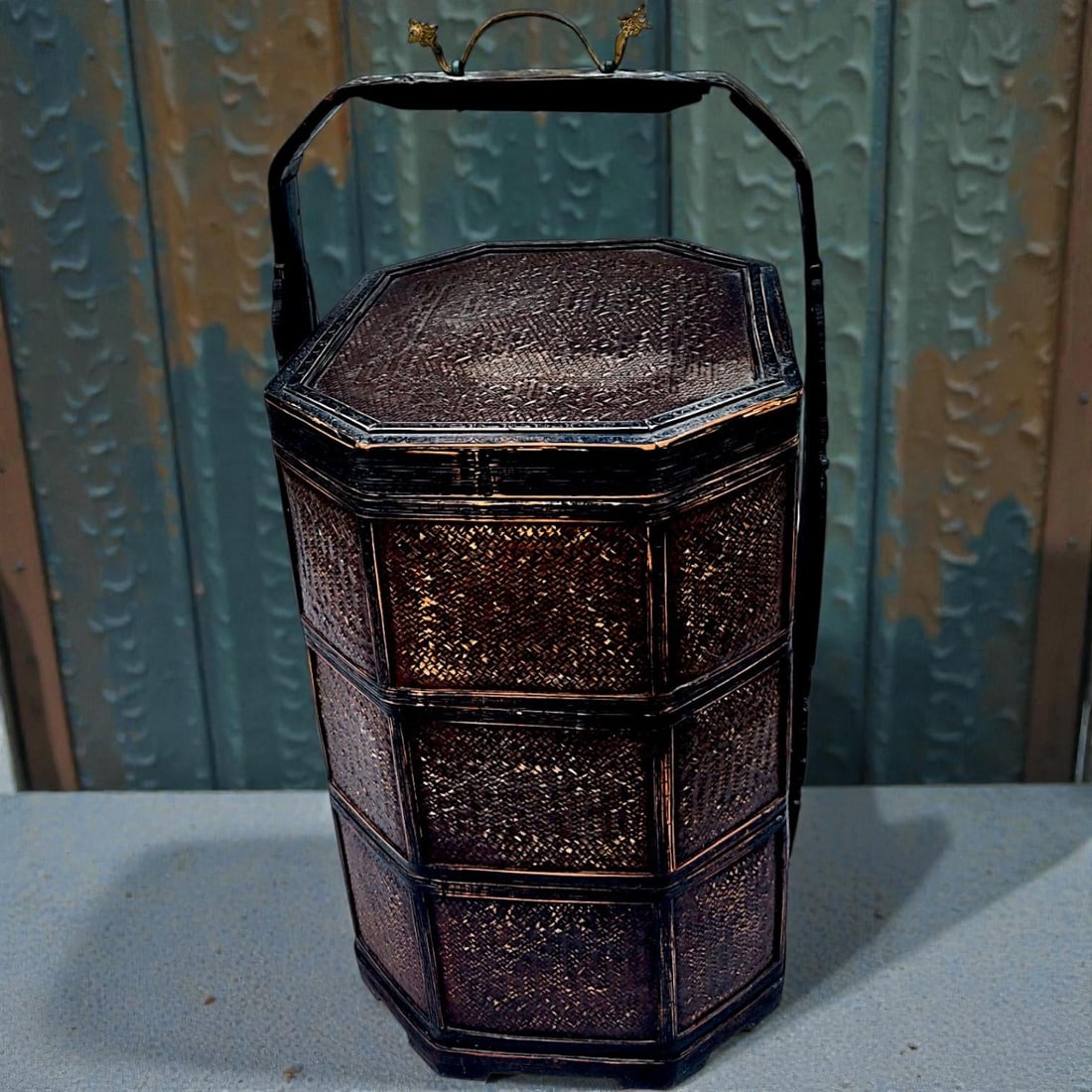 1950's 3 Tiered Octagonal Brass Handled Chinese Wedding Basket - 2