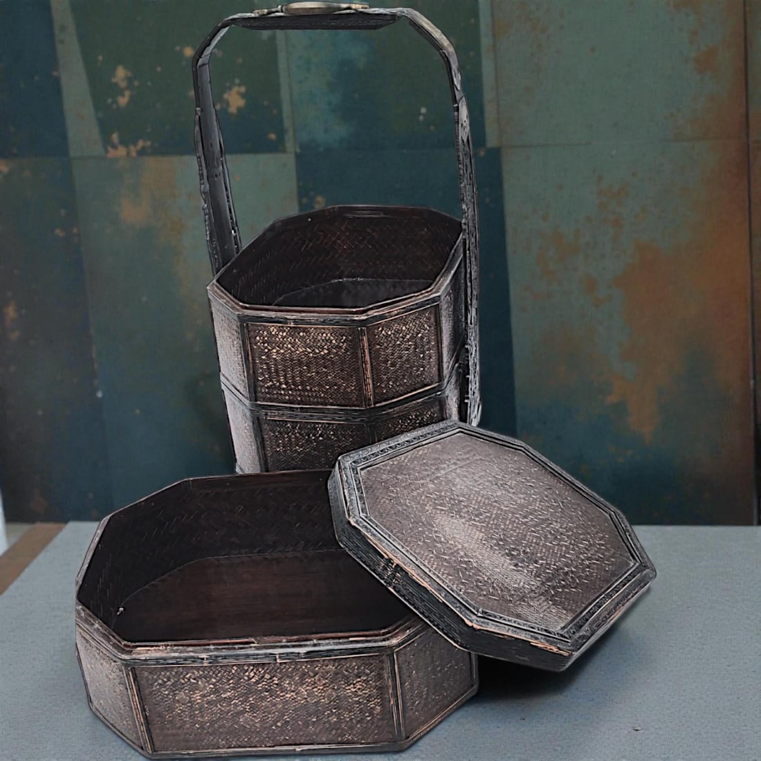 1950's 3 Tiered Octagonal Brass Handled Chinese Wedding Basket - 5
