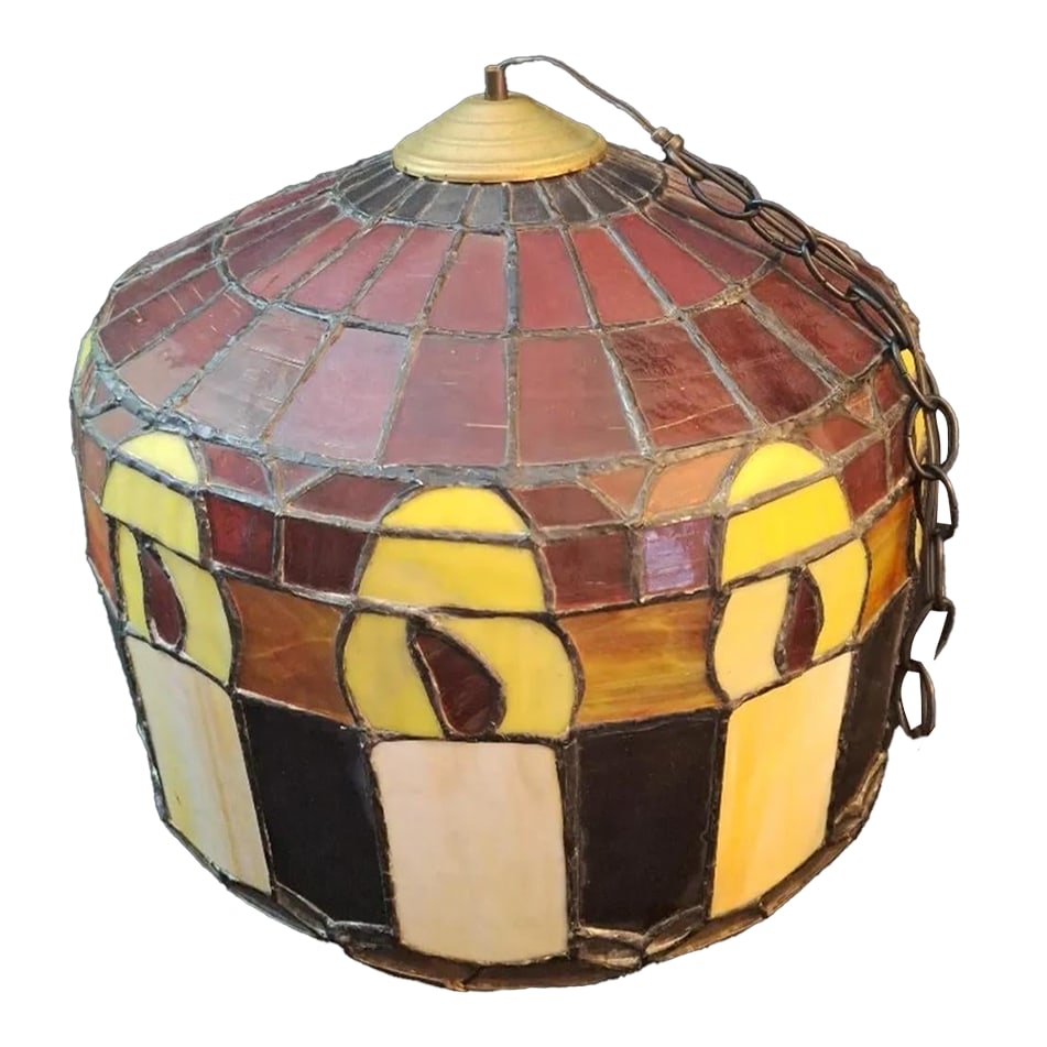 Vintage 1970s Mission Style Leaded Stained Glass Swag Pendant Lamp (1 of 6)