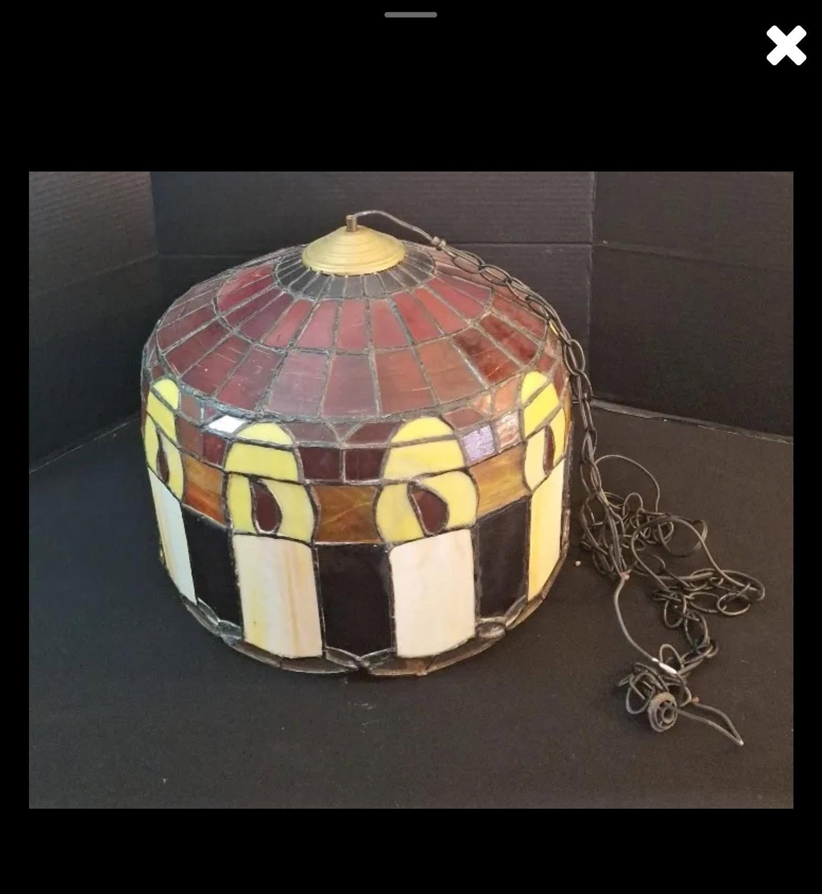 Vintage 1970s Mission Style Leaded Stained Glass Swag Pendant Lamp - 6