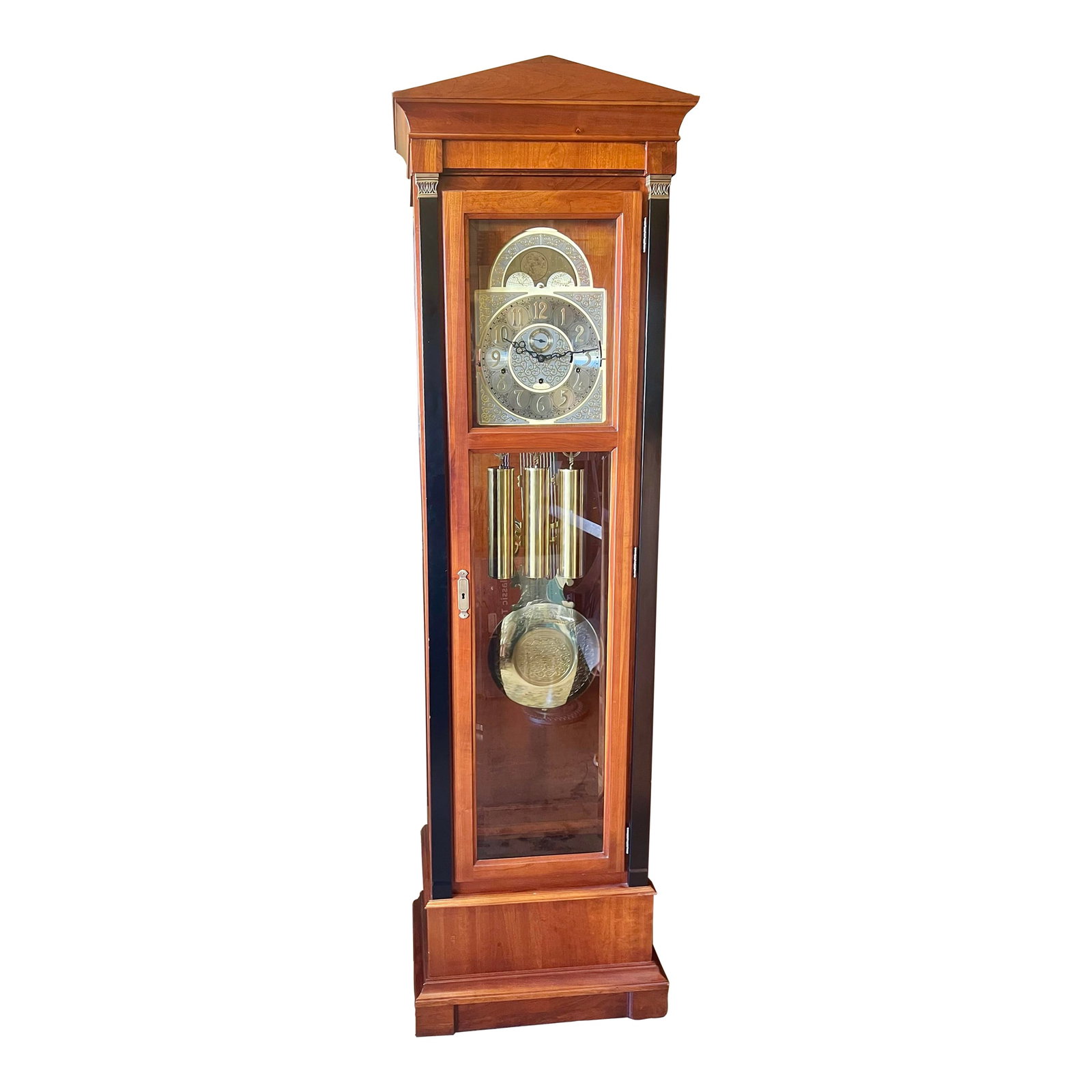 1970s Medallion Cherry Wood Grandfather /Floor Clock by Ethan Allen: Ethan Allen medalian cherry floor clock with Ebony columns and aged brass accents. Item 41-3065. Three Brass weights. The hitched upper side has 2 side doors for movement access. Hermie movement and