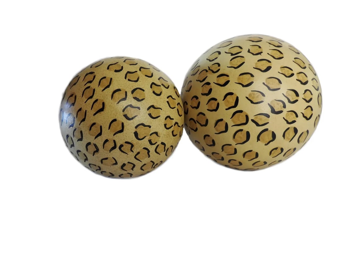 1980s Hand Painted Large Fired Clay Orbs With Leopard Print - a Pair - 2