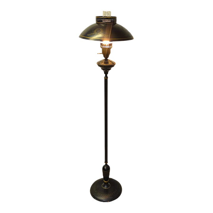 Vintage French Empire Hurricane Lamp Style Black Floor Lamp With Toleware Shade: Vintage turn-of -the-century fine reproduction 1970s French Empire style black metal toleware floor lamp. It features stenciling in dark gold along the shade and base and accents of black trim through