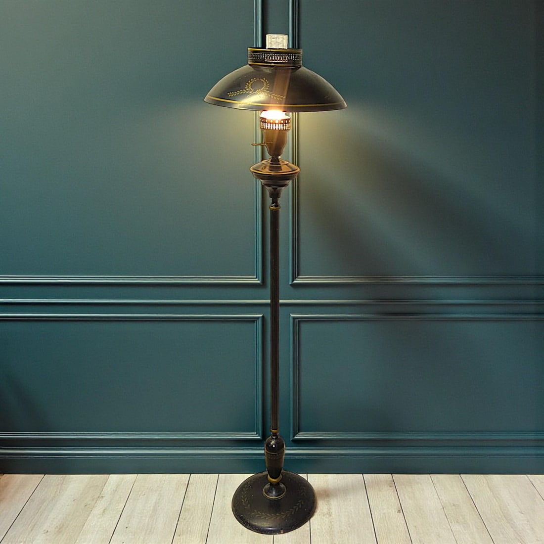Vintage French Empire Hurricane Lamp Style Black Floor Lamp With Toleware Shade - 2