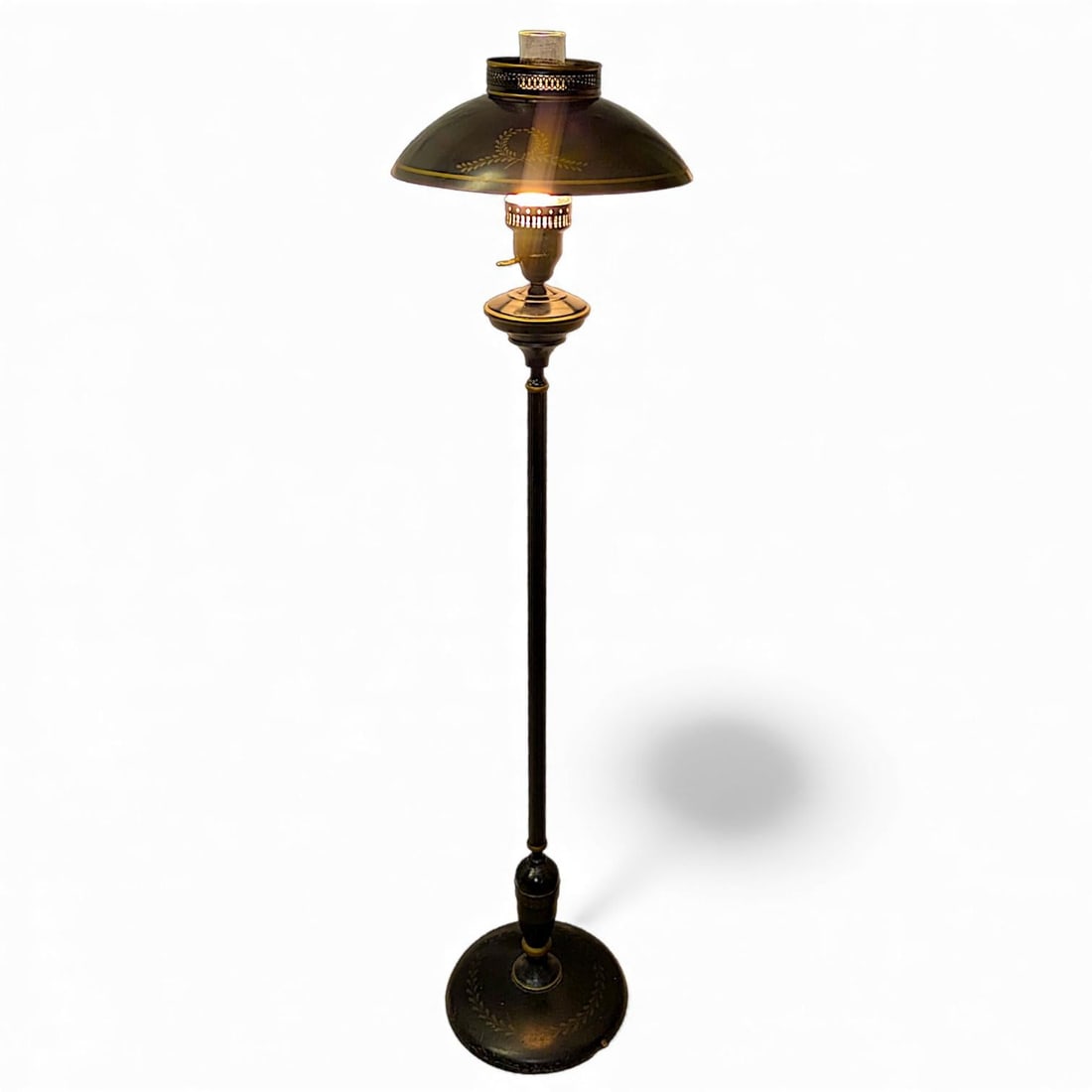 Vintage French Empire Hurricane Lamp Style Black Floor Lamp With Toleware Shade - 3