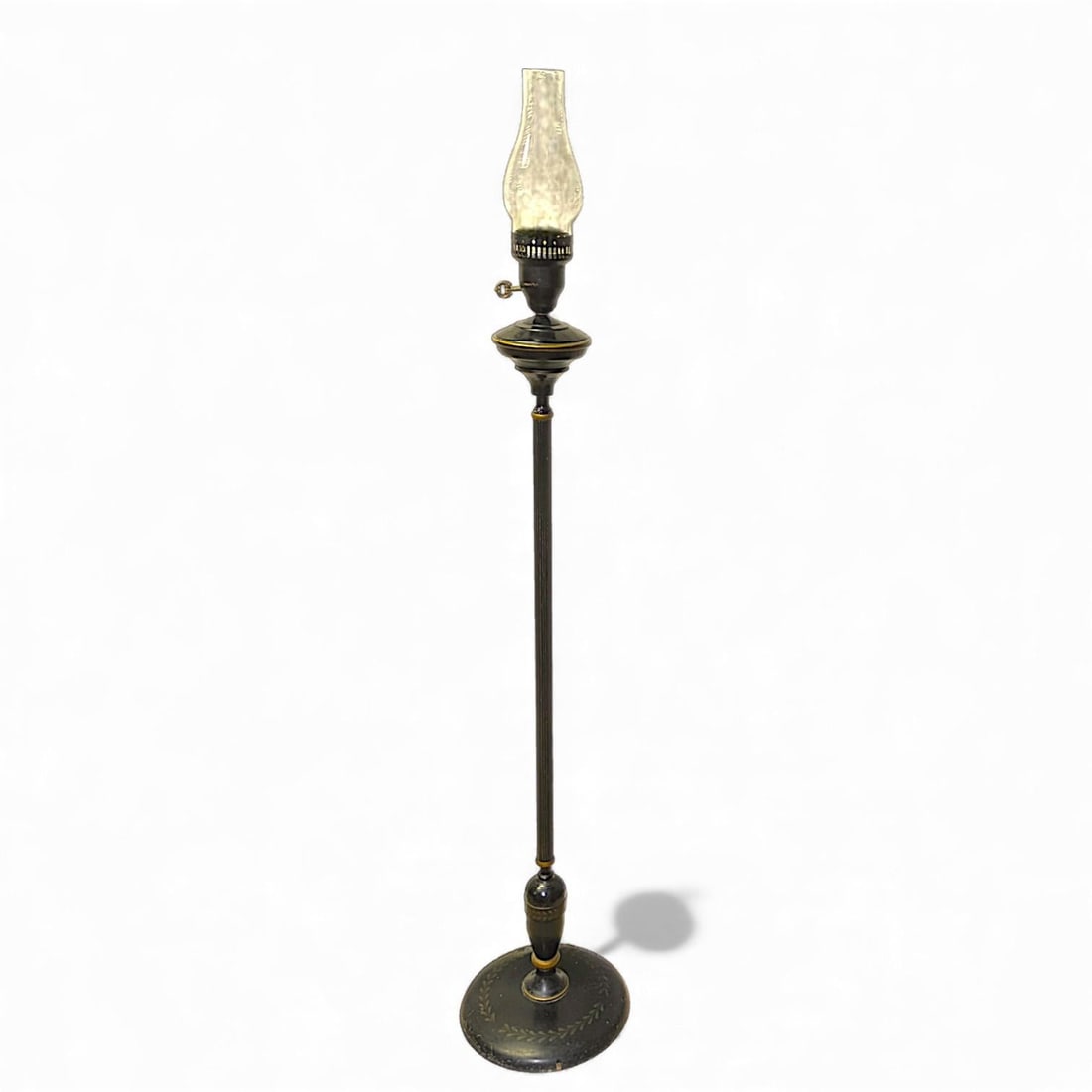 Vintage French Empire Hurricane Lamp Style Black Floor Lamp With Toleware Shade - 5