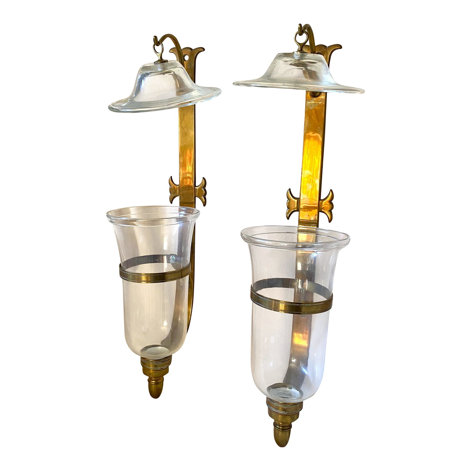 Mid 20th Century Pair Attr Lester Berry Brass Candle Wall Sconces: This pair of 18th century brass and blown glass wall sconces were made by Lester Berry Company C. 1940-1975 from Philadelphia. They measure 24 1/4" h, 7 1/4" wide ( smoke bell), 6 1/2" w (rim of shade
