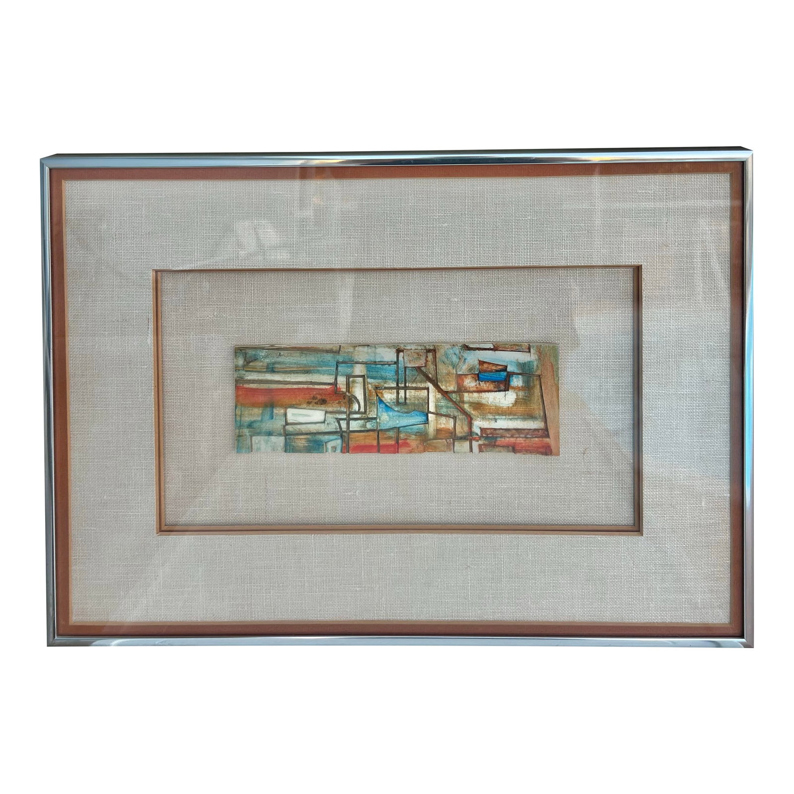 Vintage Framed Abstract Tile Framed "Bridge and Skyline ": Abstract framed art tile titled "Bridge and Skyline" Silver Metal Frame measuring 19 1/2" x 13 1/2" . The inside picture measurements are 9" x 3". It has a 3" matting. Condition: Alterations: Original