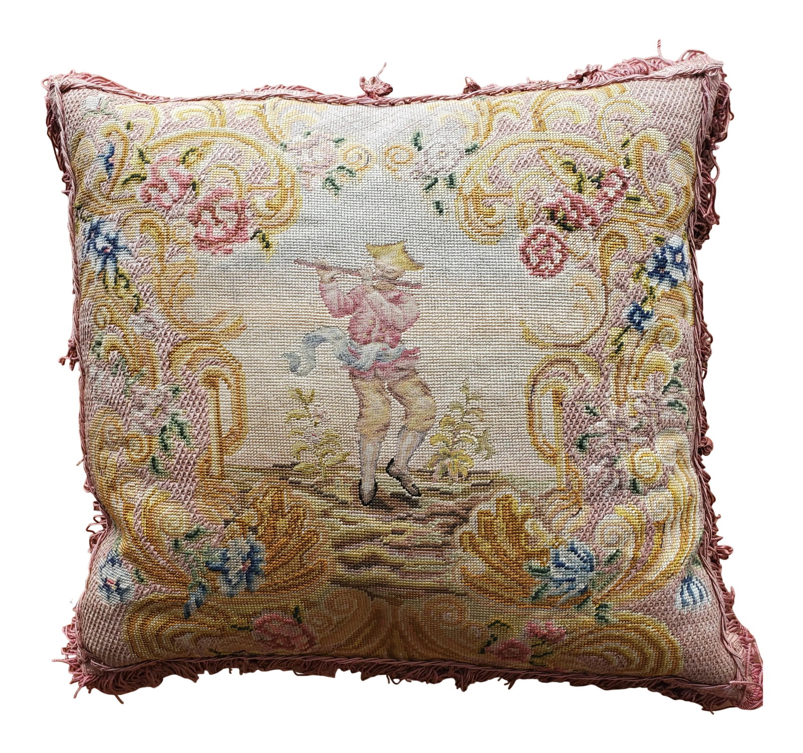 18th Century Antique French Silk Chinoiserie Floral Petit Point Pillow: Original silk petit point, back and fringe oriental flutist elegant pillow I have owned for 40 years. Downsizing and looking for an appreciative home for this very fine petit point pillow. Condition: