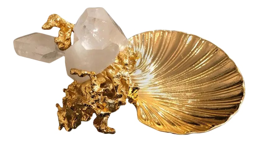 Claude Victor Boeltz French Gold Bronze Dish Sculpture: A wonderful 1970s exploding 24-karat gold bronze sculpture dish with two large quartz clusters by French artist, Claude Victor Boeltz. Signed. A matching pair if needed. Condition: Alterations: Origin