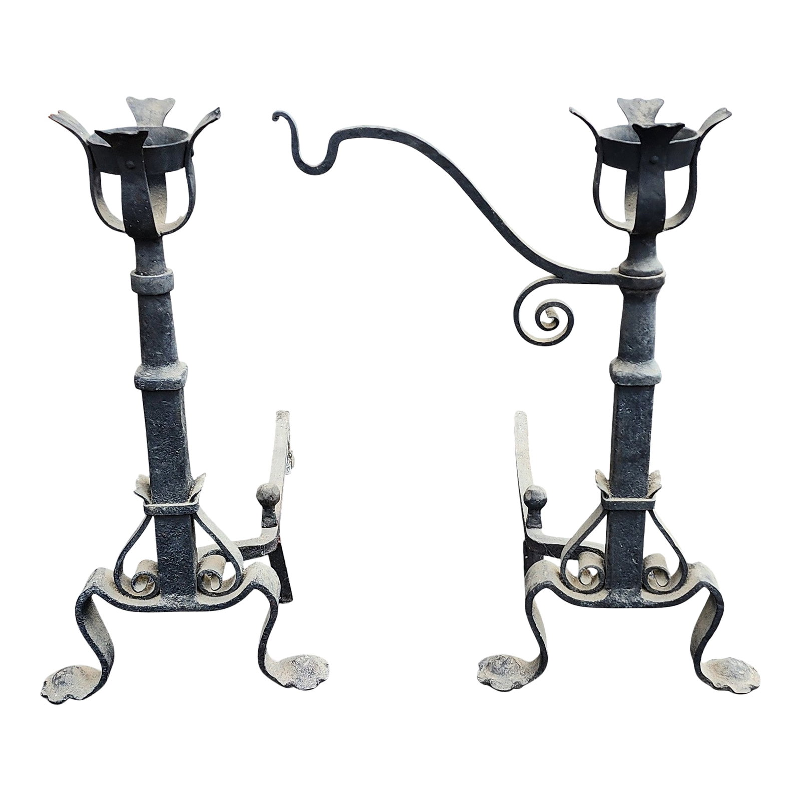 Pair Early Antique French Wrought Iron Basket Top Andirons / Firedogs With Crane Pot Bar 28" (1 of 16)
