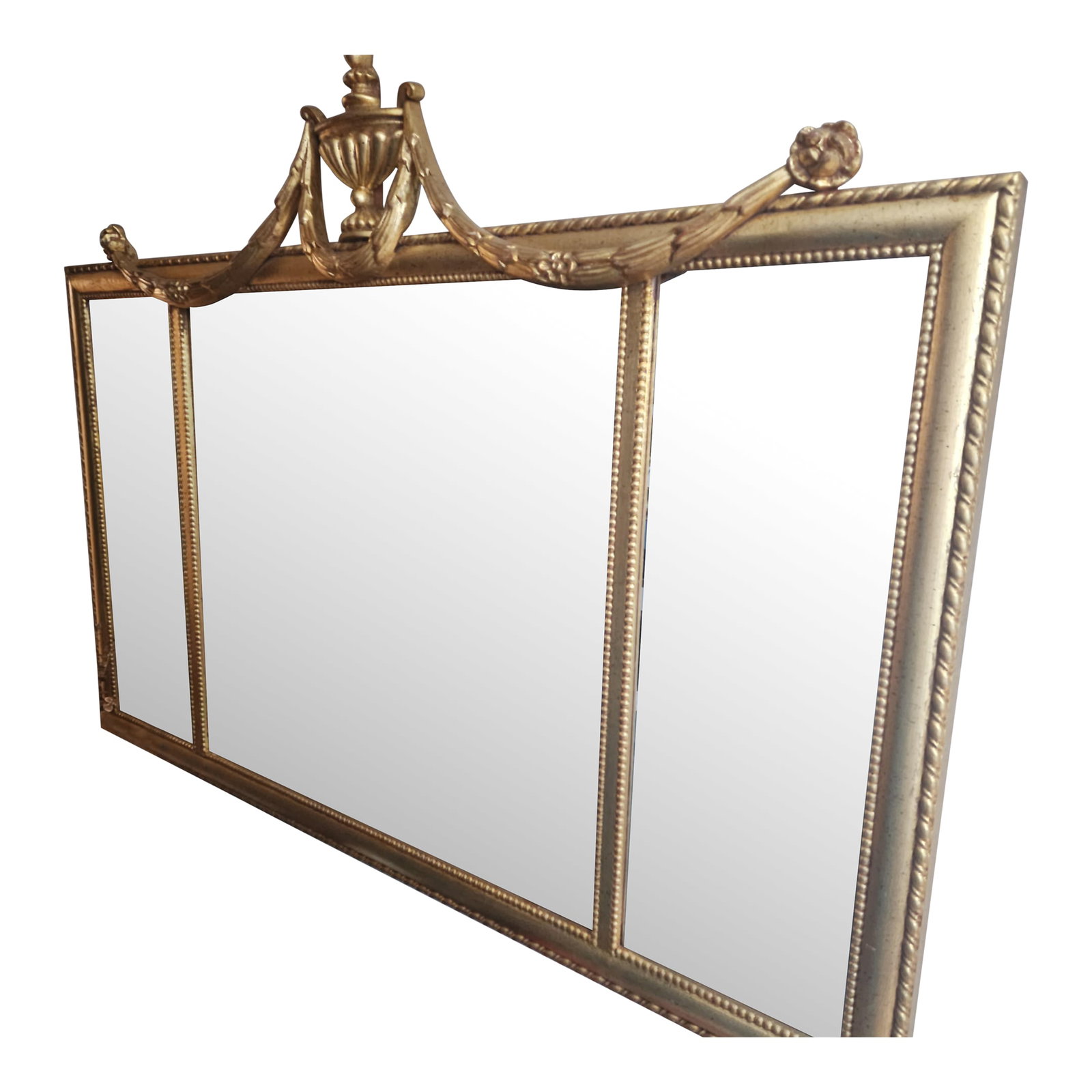 Grand Scale: Vintage Ethan Allen Federal Style Gilt Triptych Mantel Mirror: A stately and architectural vintage wall mirror by Ethan Allen, executed in the classic Federal or Adam style. This piece is designed as a traditional "overmantel" mirror, intended to command
