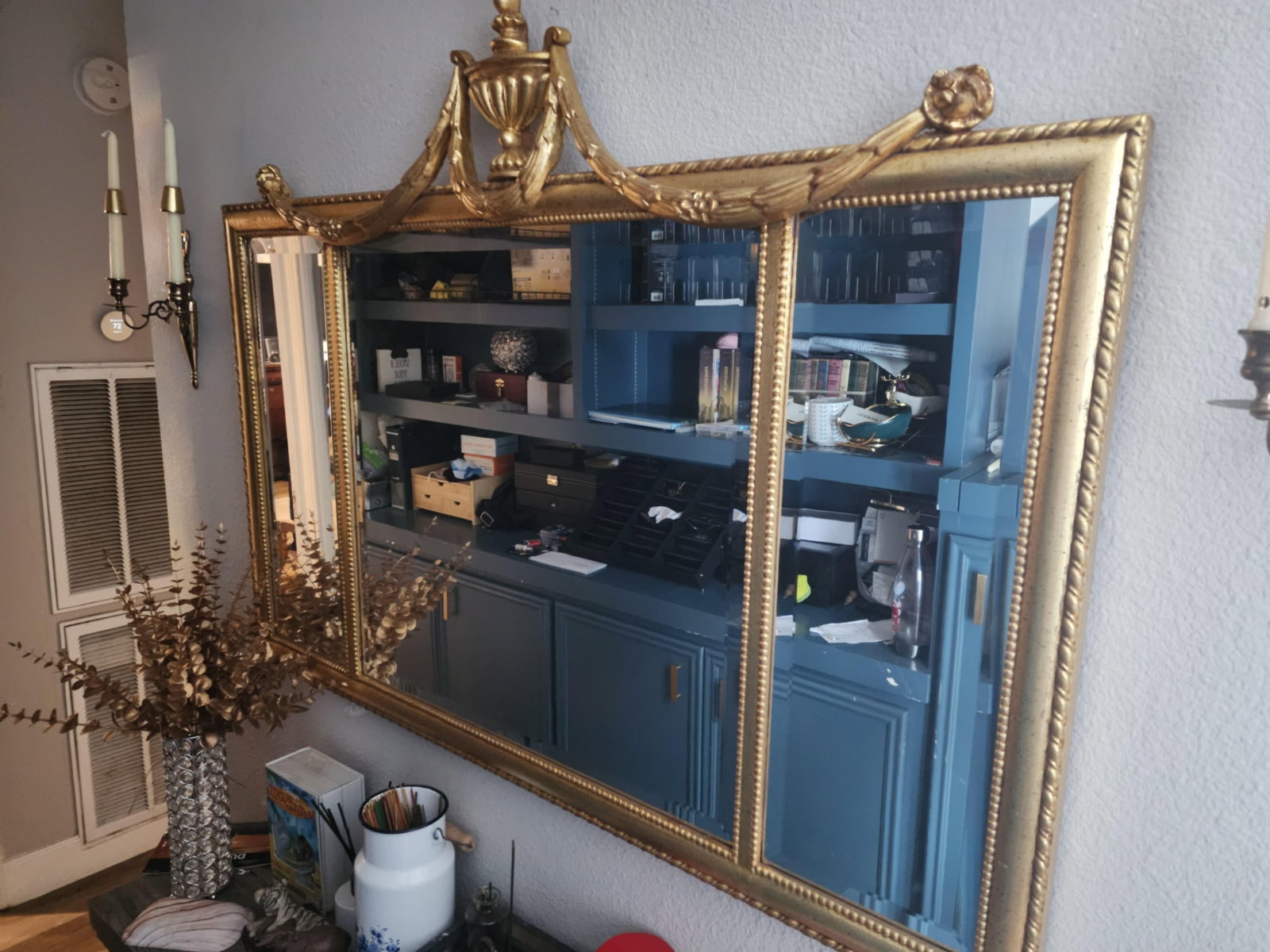 Grand Scale: Vintage Ethan Allen Federal Style Gilt Triptych Mantel Mirror - 3
