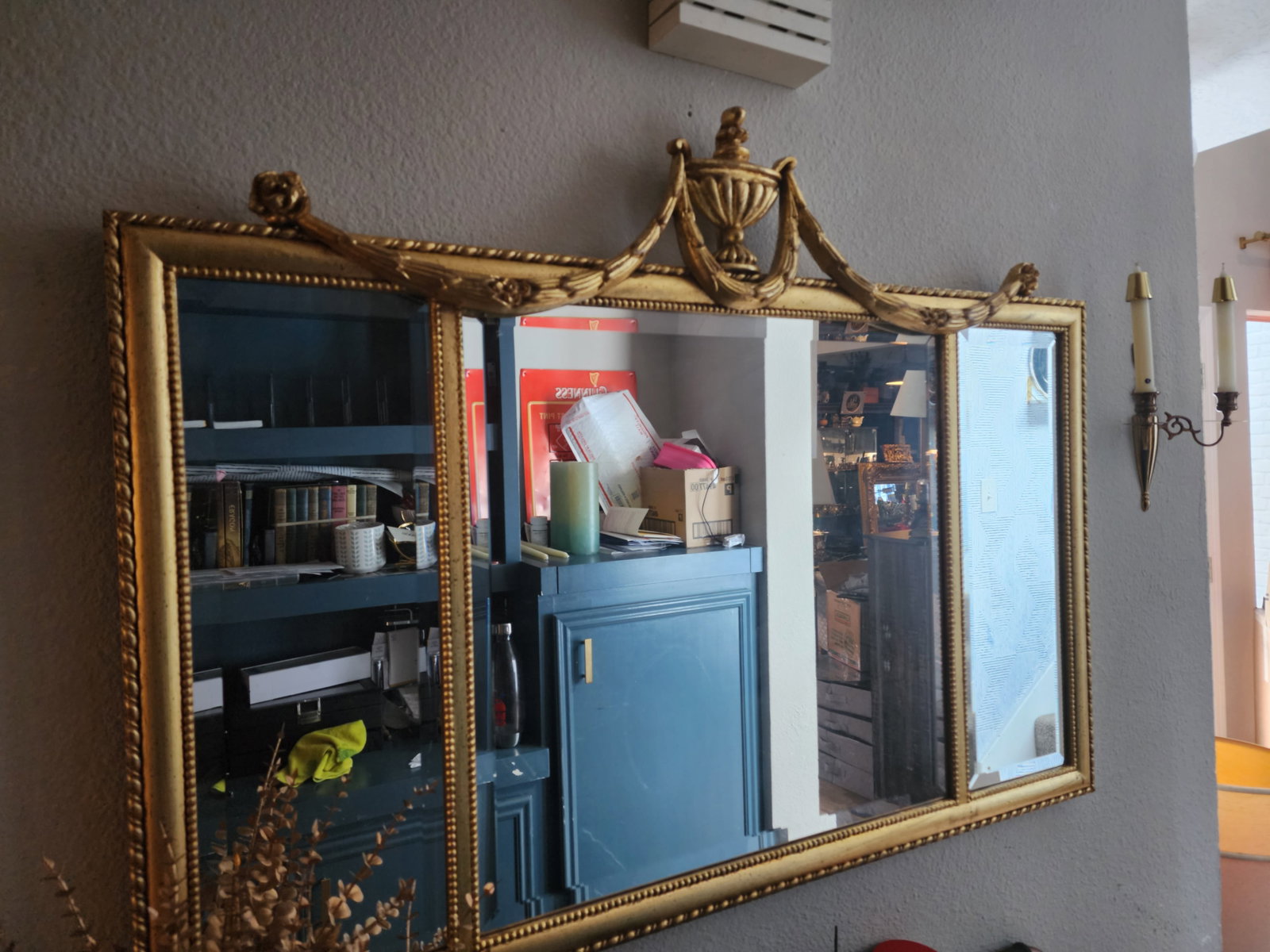 Grand Scale: Vintage Ethan Allen Federal Style Gilt Triptych Mantel Mirror - 6