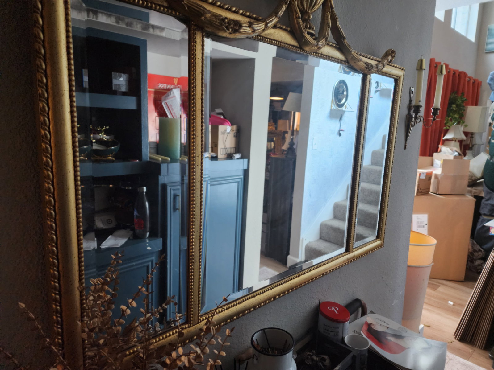 Grand Scale: Vintage Ethan Allen Federal Style Gilt Triptych Mantel Mirror - 7