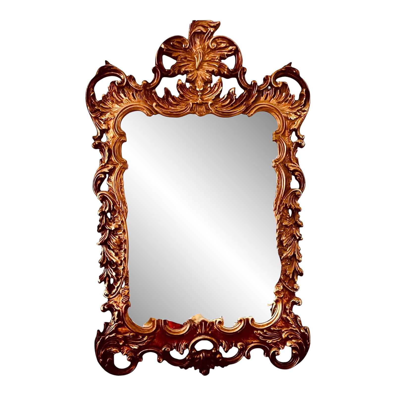 1960s Rococo Revival Gilded Carved Wood Mirror Midcentury Very Large: Rococo gilded carved fruitwood mirror from the midcentury. The mirror is entirely hand carved and in excellent condition. Carving has very elaborate rococo S and C curves and ornate details