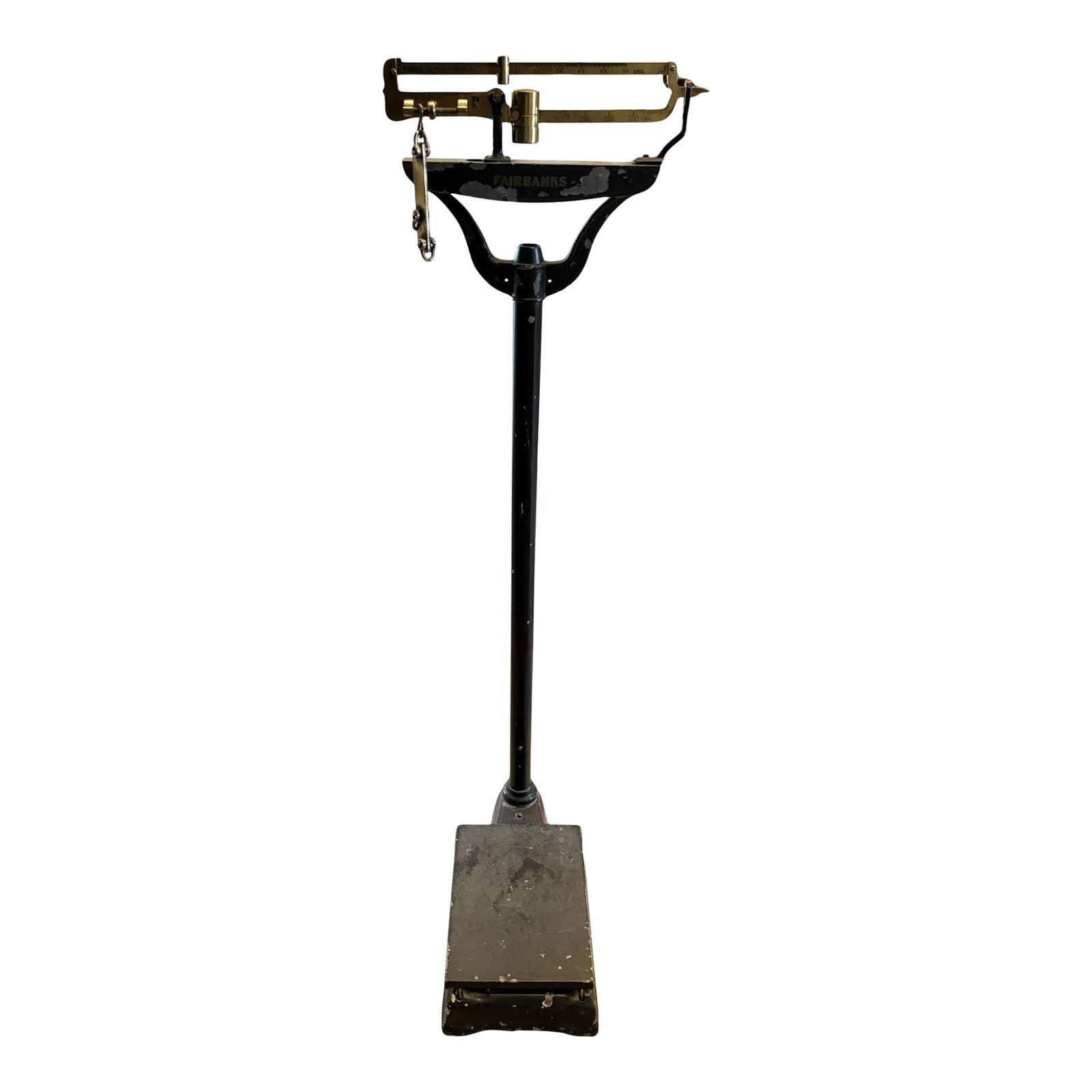 Antique Fairbanks Physician's Industrial Medical Scale in Cast Iron & Brass, Early 20th Century: An authentic early 20th-century physician's balance beam scale by the Fairbanks Scale Company, a premier American maker renowned for precision instruments and industrial craftsmanship. This