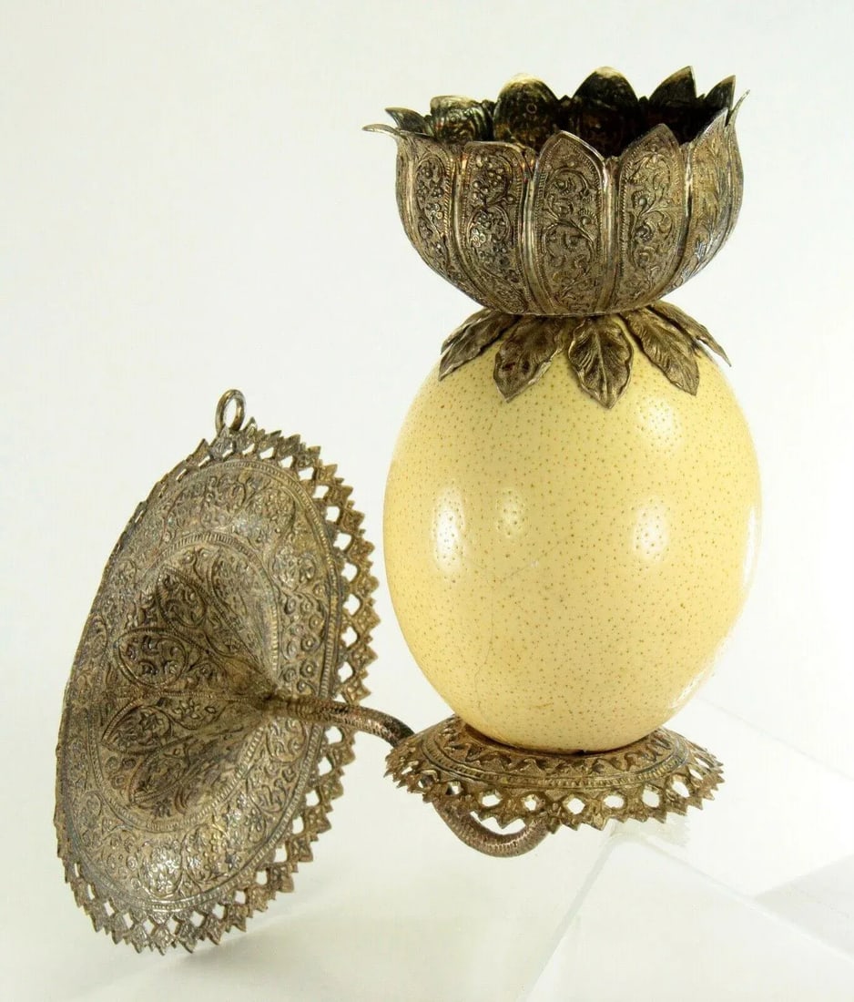 1800's Ostrich Egg & Tooled Silver Repousse Candle Sconce Lamp - 13