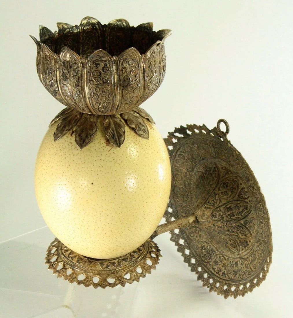 1800's Ostrich Egg & Tooled Silver Repousse Candle Sconce Lamp - 2