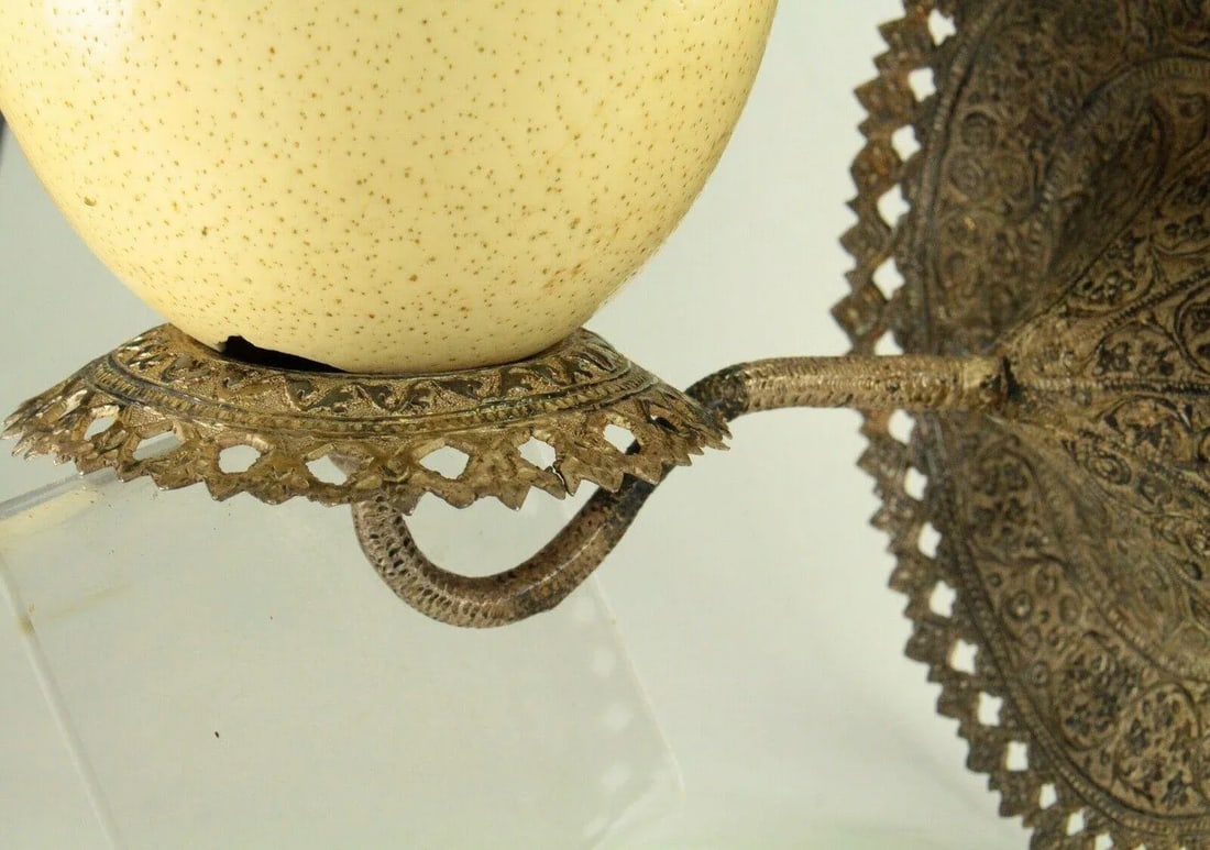 1800's Ostrich Egg & Tooled Silver Repousse Candle Sconce Lamp - 3