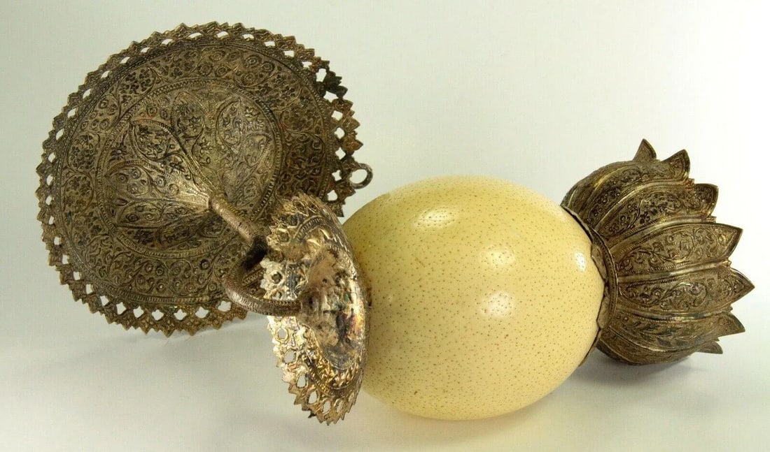1800's Ostrich Egg & Tooled Silver Repousse Candle Sconce Lamp - 4