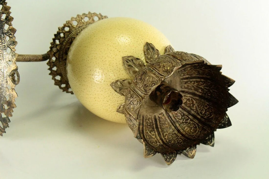 1800's Ostrich Egg & Tooled Silver Repousse Candle Sconce Lamp - 5