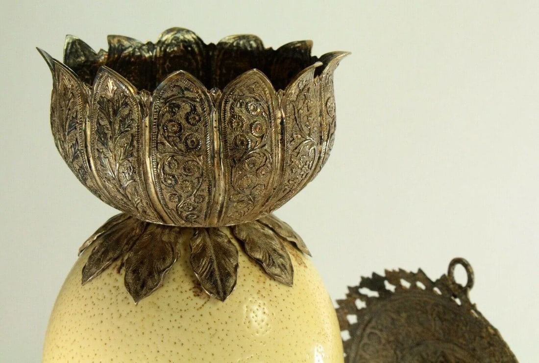 1800's Ostrich Egg & Tooled Silver Repousse Candle Sconce Lamp - 6