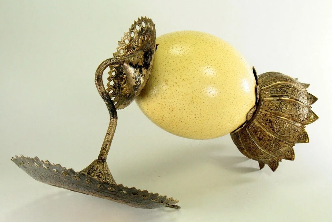 1800's Ostrich Egg & Tooled Silver Repousse Candle Sconce Lamp - 7