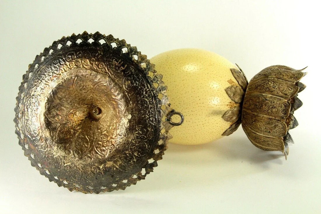 1800's Ostrich Egg & Tooled Silver Repousse Candle Sconce Lamp - 8