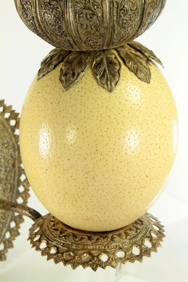 1800's Ostrich Egg & Tooled Silver Repousse Candle Sconce Lamp - 9