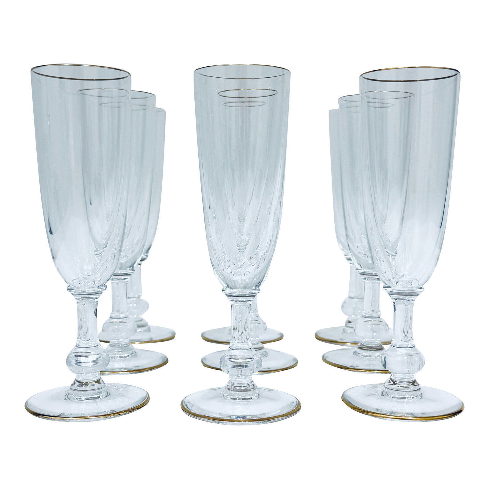 Saint-Louis Crystal Champagne Glasses: Saint-Louis Bizet Gold Crystal Champagne Flutes. Rare stunning crystal glasses with 24-carat gold detail around the rim and base of the glasses. Crystal is mouthblown, hand-cut, and hand-decorated usi