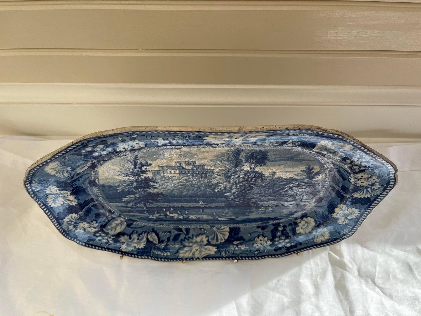 Incredibly Rare Antique 19th Century Blue & White Enoch Wood Transfer-Printed Landscape Platter "Ken - 5