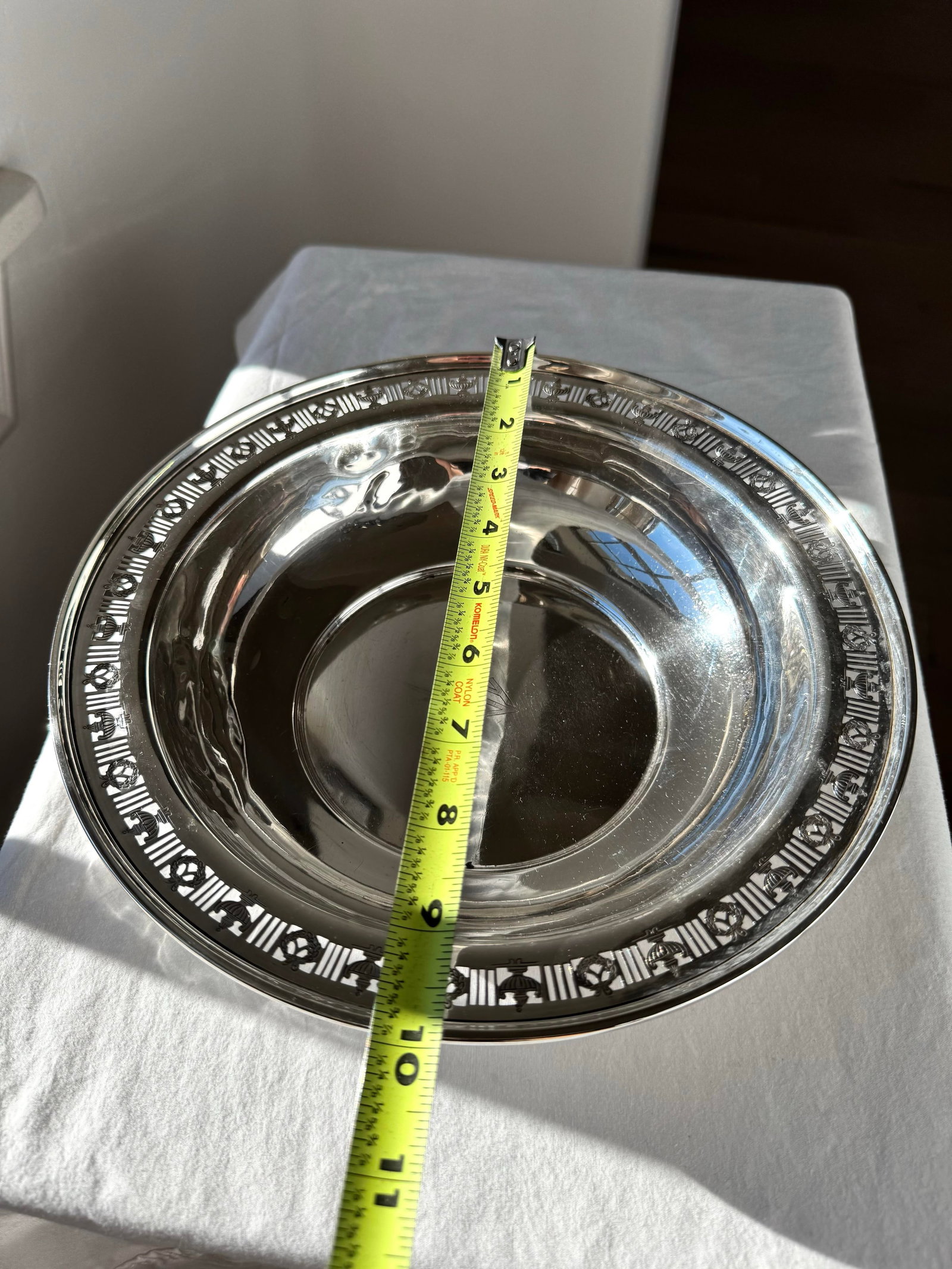 Antique .925 Sterling Silver Oval Serving Bowl - Pierced Gallery Rim, Crown & Fleur-De-Lis Motif - 10