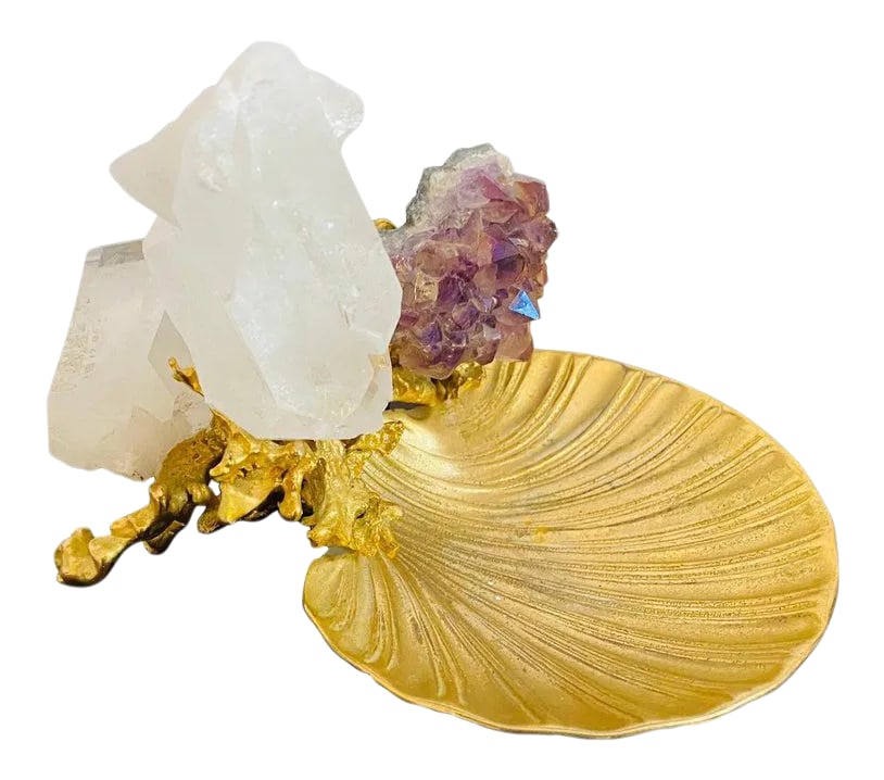 Claude Victor Boeltz Golden Crystal French 1970s Table Sculpture: A French 1970s Gold and bronze clam shell center peice sculpture with three large quartz and amethyst crystal clusters. Signed Biography: Claude Boeltz was born in Paris in 1937. The fourth