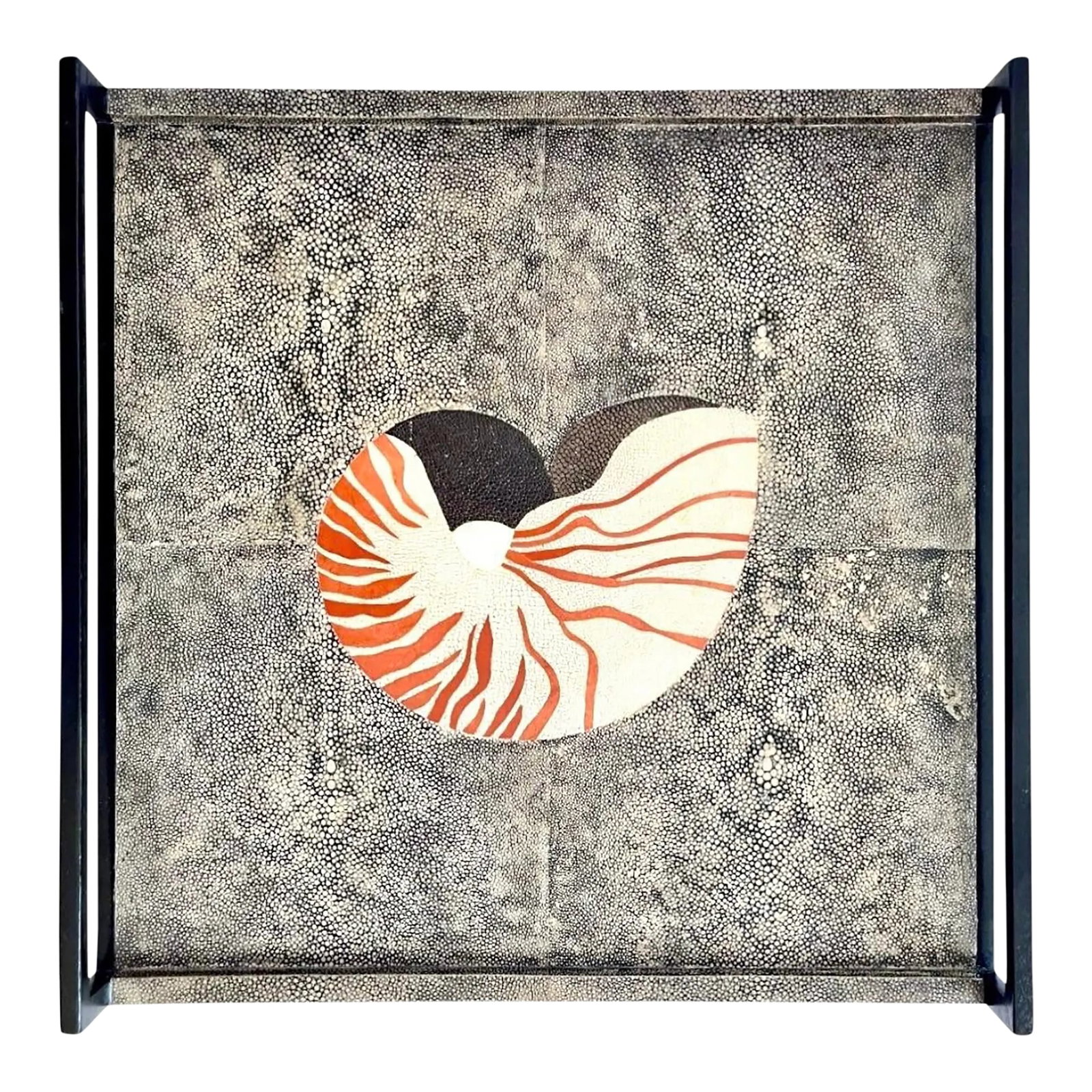 R & Y Augousti Nautilus Shell Large Tray: Large R & Y Augousti tray. Central shagreen nautilus shell. Ebonized handles on two sides. In excellent condition. Condition: Alterations: Original Condition Unaltered Imperfections: Some