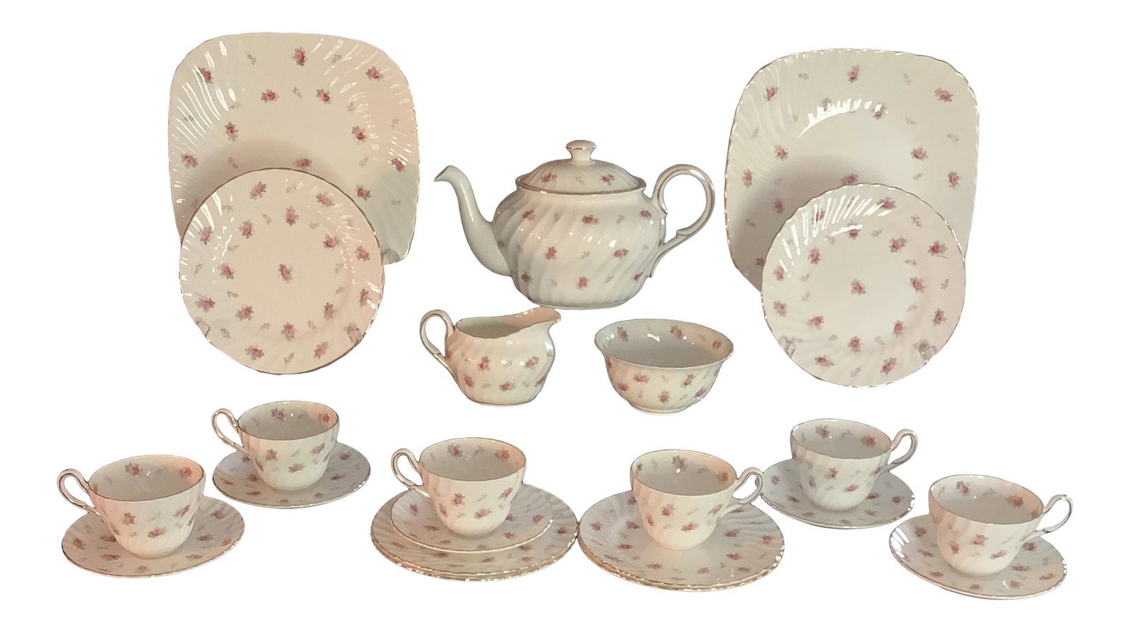 Eb Foley Dainty Rose Bone China Tea Service for 6: Maker: EB Foley Pattern: Dainty Rose by Foley Description: Pink Roses, Scalloped, Gold Trim Made in England Includes the following pieces: 1 Teapot with lid: 10.75" handle to spout, 6.25" height 1 cre