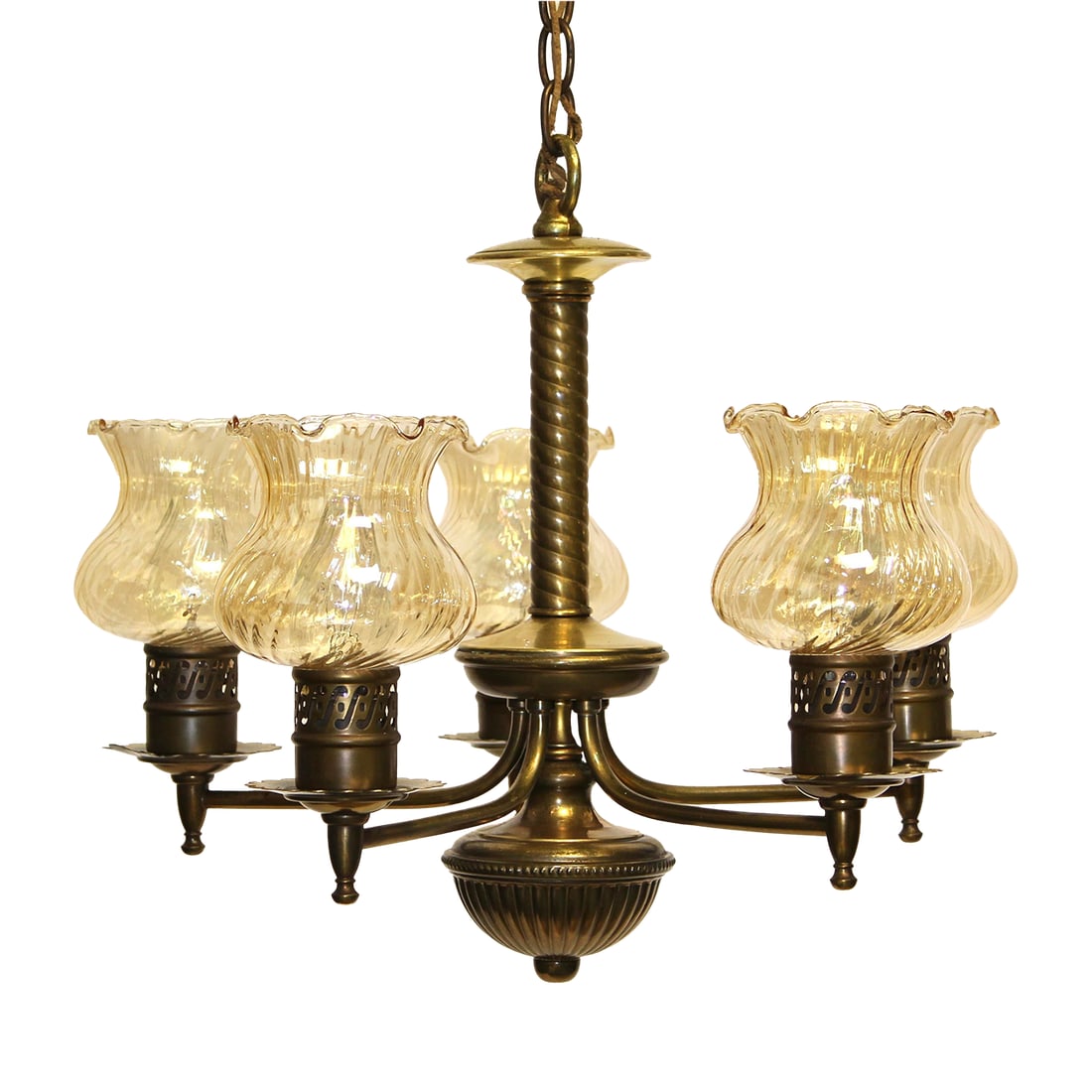 Antique Chandelier With Turned Brass & Opalescent Amber Glass Shades: Distinctive twisted central column with 5 curved brass arms each supporting a delicate swirled glass shade. Brass bobeches, socket holders have perforated swirl. Good vintage condition, nice patina,