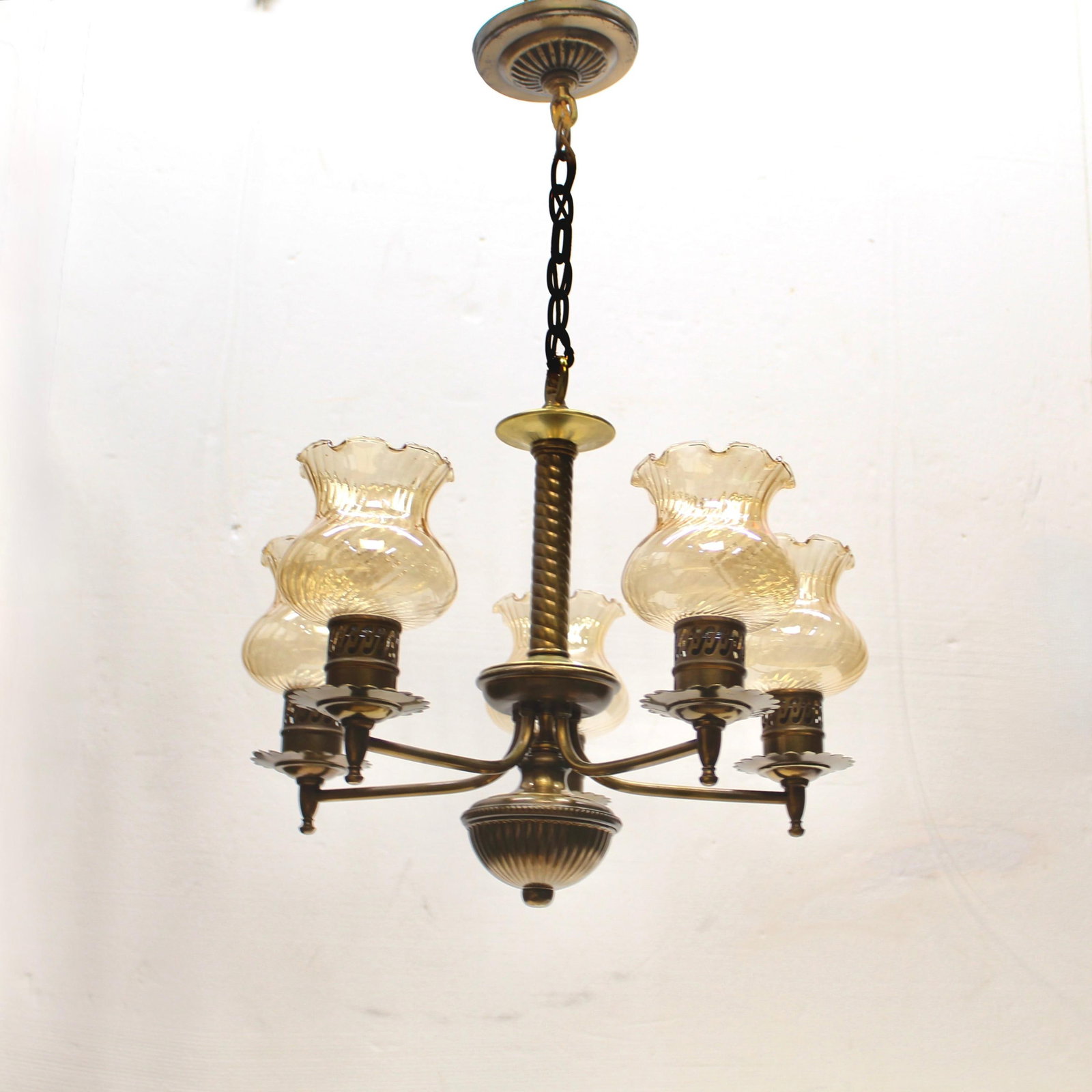 Antique Chandelier With Turned Brass & Opalescent Amber Glass Shades - 2