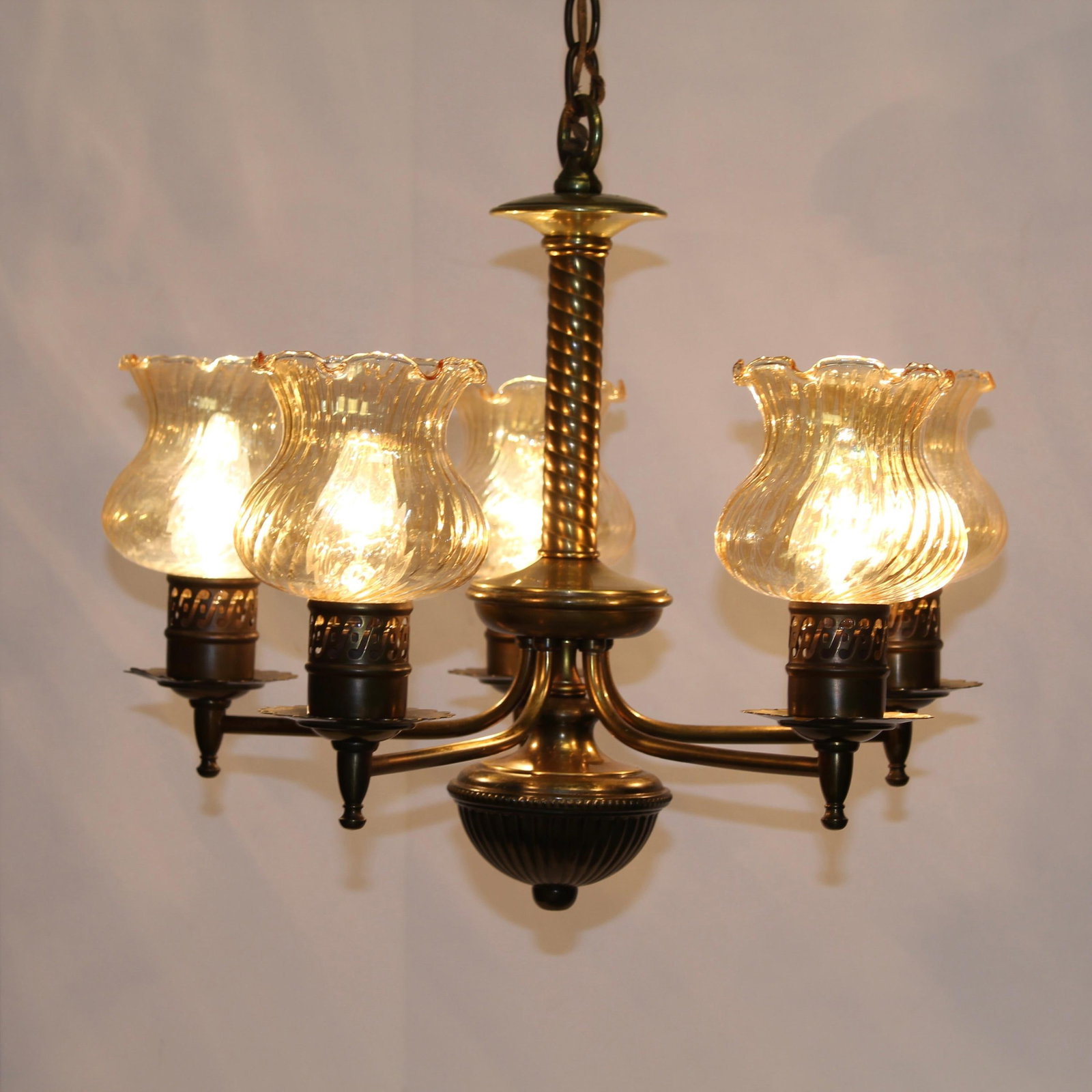 Antique Chandelier With Turned Brass & Opalescent Amber Glass Shades - 3