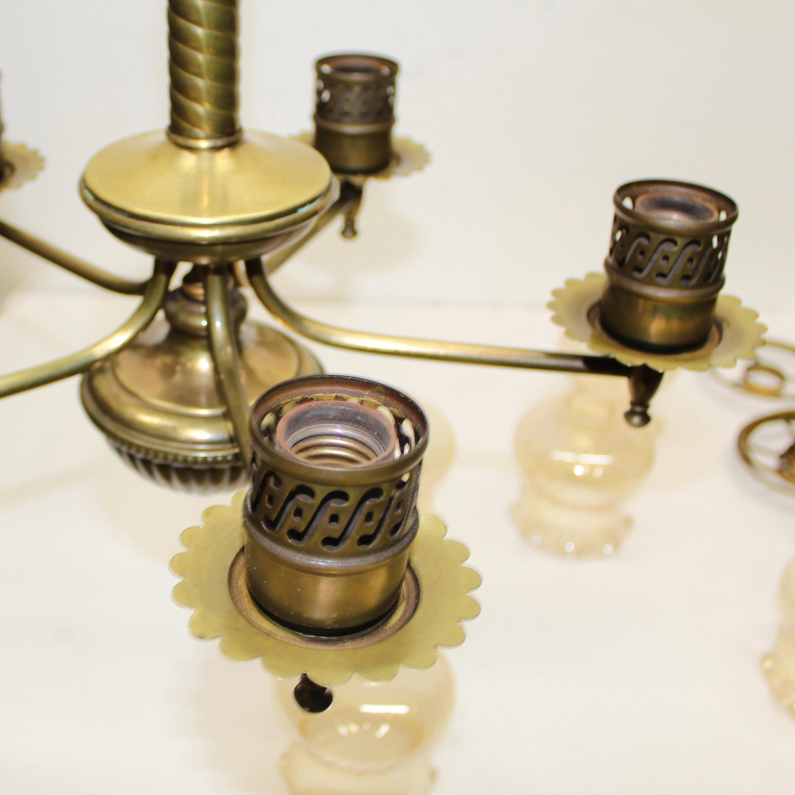 Antique Chandelier With Turned Brass & Opalescent Amber Glass Shades - 4