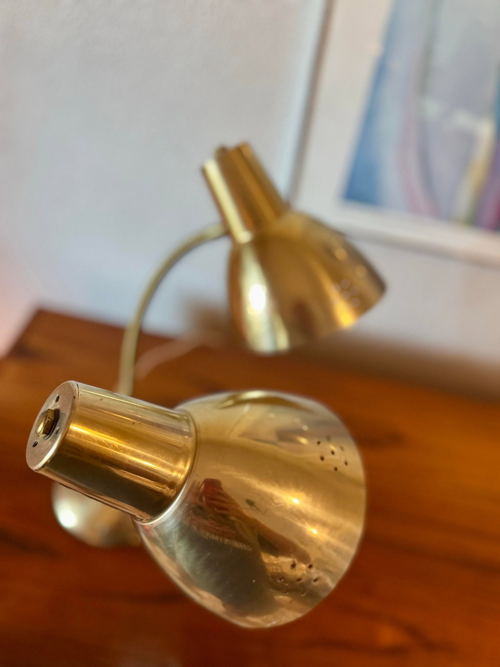 Vintage Double Gooseneck Brass Desk Lamp With Perforated Shades and 3 Way Lighting, Circa 1960s - 11