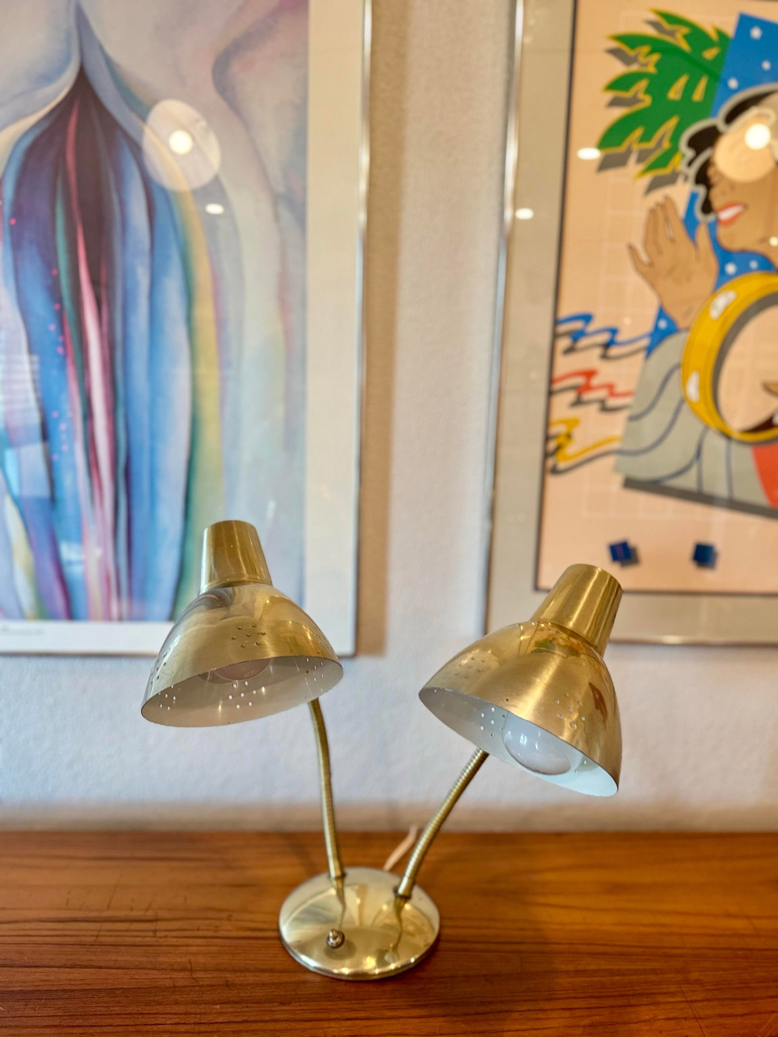 Vintage Double Gooseneck Brass Desk Lamp With Perforated Shades and 3 Way Lighting, Circa 1960s - 12