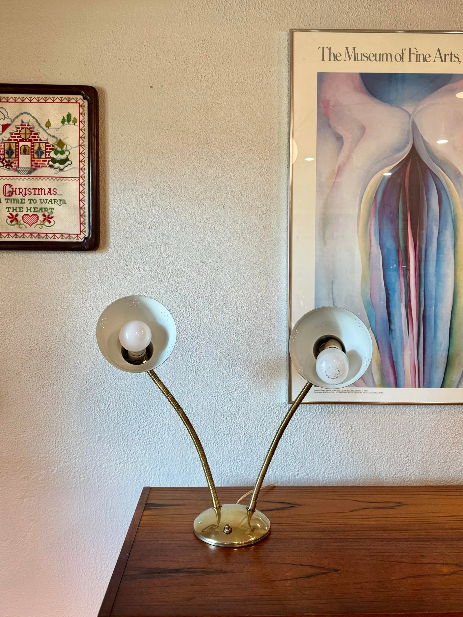 Vintage Double Gooseneck Brass Desk Lamp With Perforated Shades and 3 Way Lighting, Circa 1960s - 2