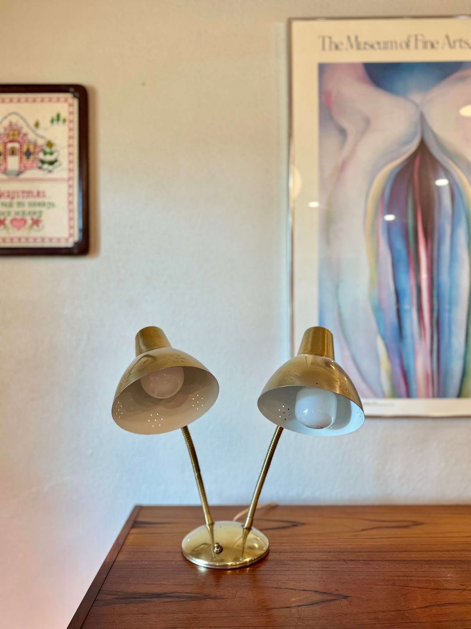 Vintage Double Gooseneck Brass Desk Lamp With Perforated Shades and 3 Way Lighting, Circa 1960s - 5