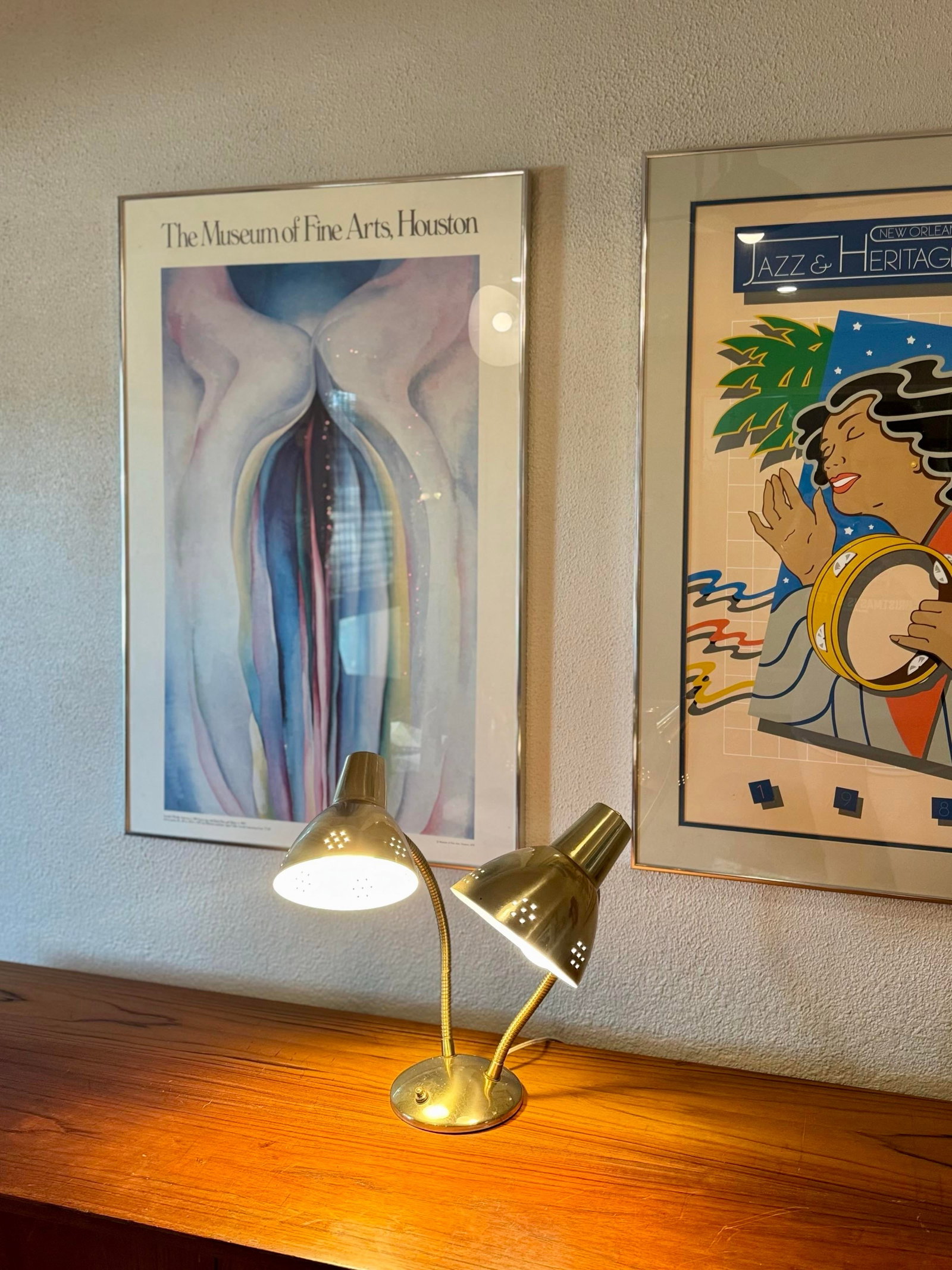 Vintage Double Gooseneck Brass Desk Lamp With Perforated Shades and 3 Way Lighting, Circa 1960s - 6