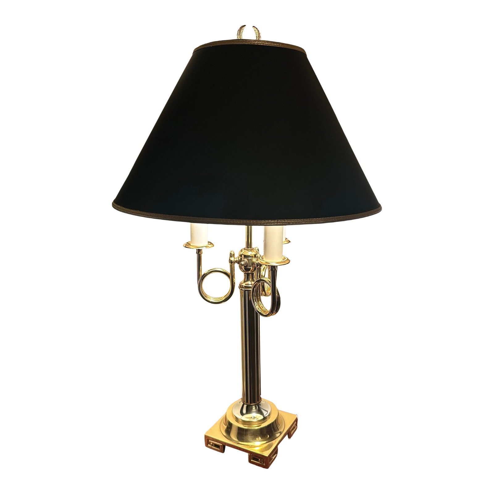 Mid 20th Century Brass Corinthian Column Bouillotte Lamp: This vintage 3 arm candlestick Baldwin Brass style bouillotte lamp with black and gold shade is in remarkable condition. A stunning piece that compliments many styles, from traditional to equestrian