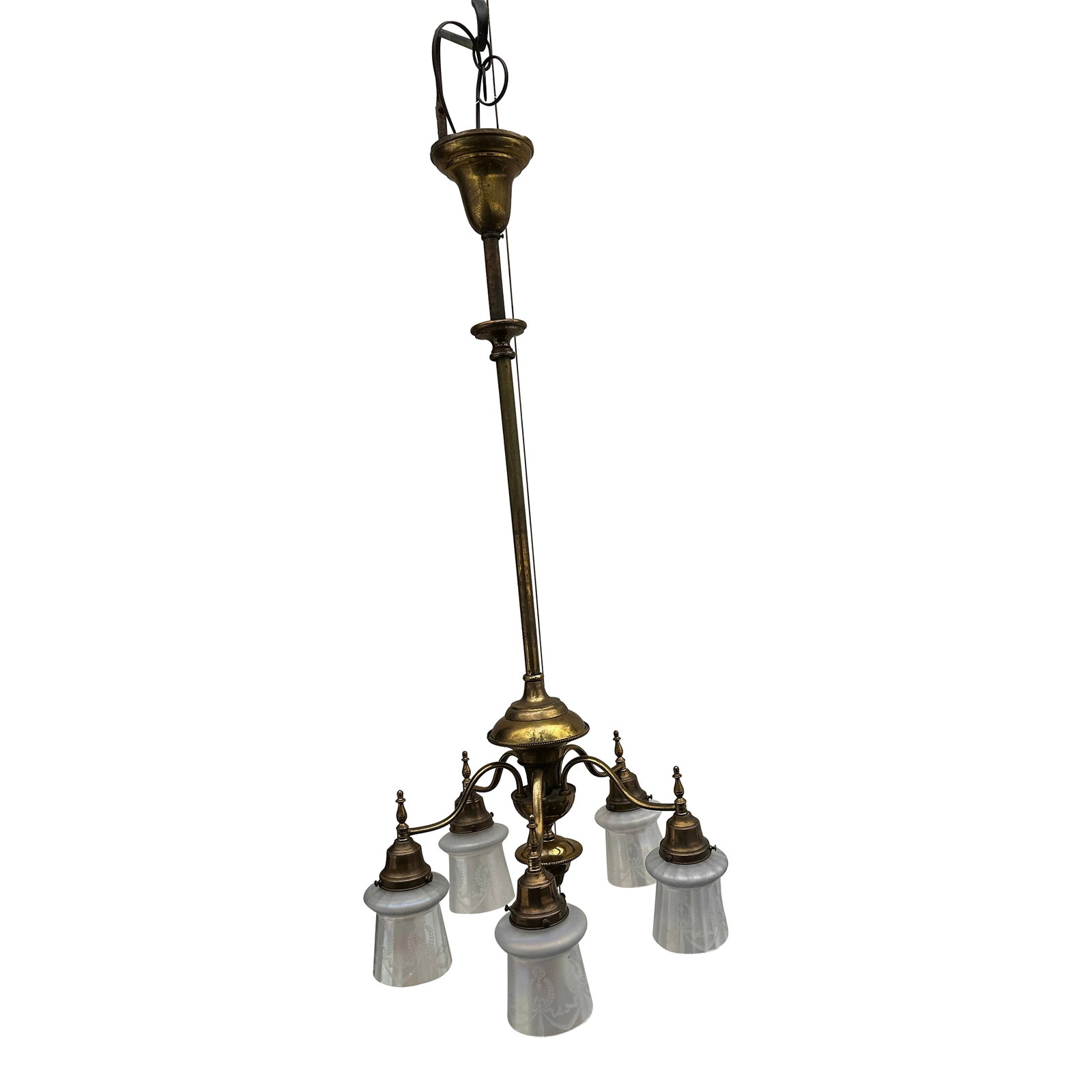 Vintage Five Arm Brass Pendant With Vintage Etched Iridescent Shades: Old Lights On is pleased to offer this amazing vintage five arm chandelier with vintage shades. It is rewired and ready to install. We ship everywhere. Follow us here for more great lighting.