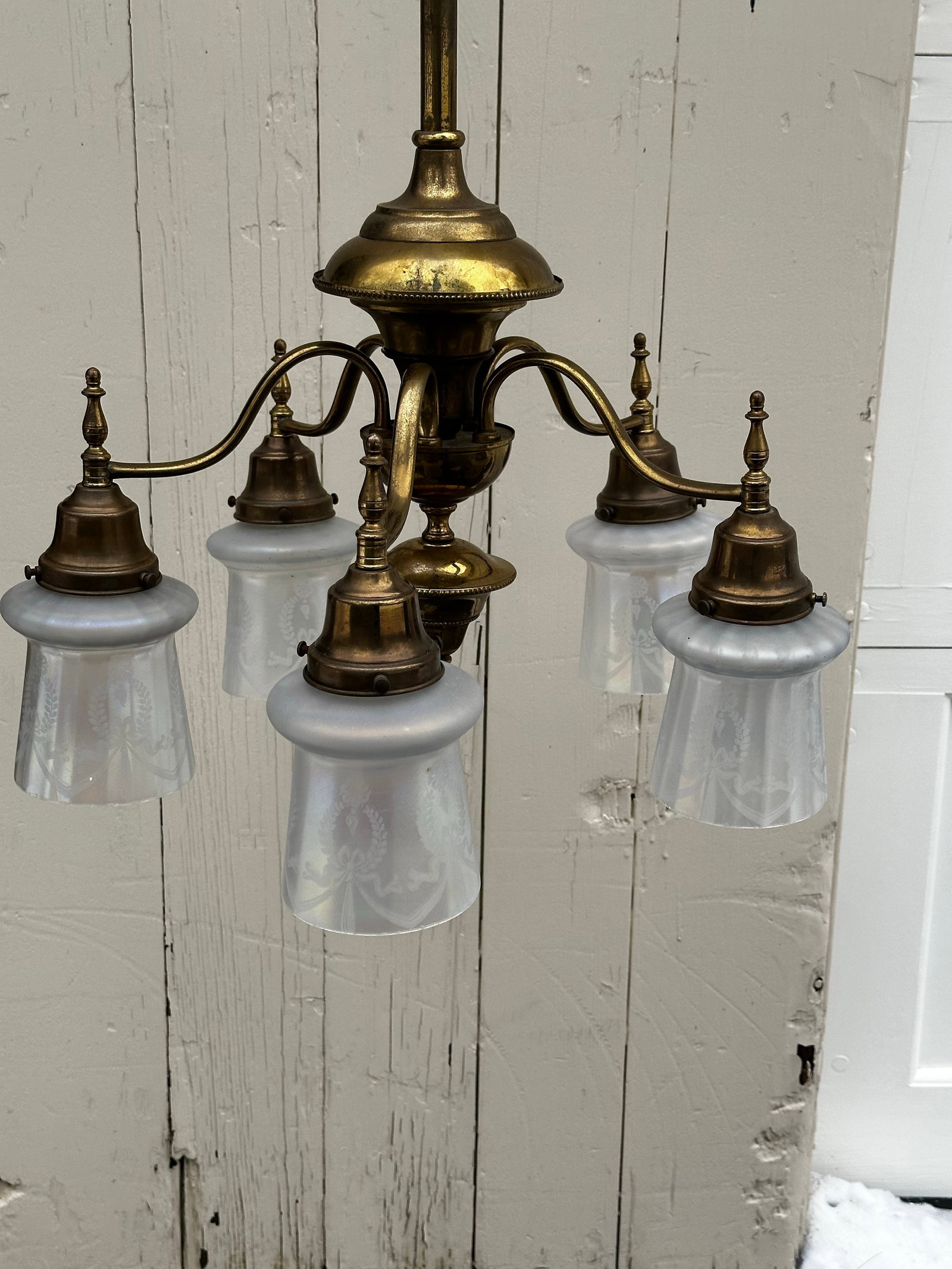 Vintage Five Arm Brass Pendant With Vintage Etched Iridescent Shades - 2